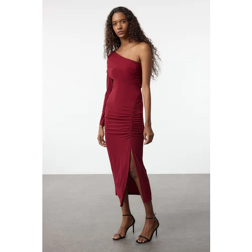  Claret Red Plain Maxi Single Sleeve Draped Detail Slit Body-Fits Flexible Knitted Dress