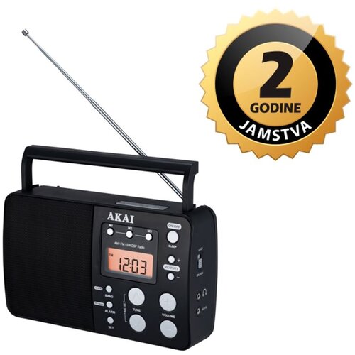 Akai radio FM, AM, SW, sat, alarm, antena, LCD, AC, baterije D, crni APR-200 Slike
