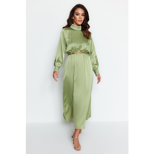 Trendyol Green Belted Collar and Cuff Draped Detailed Woven Hijab Evening Dress Cene