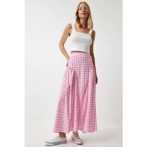  Women&amp;#039;s Pink Gingham Flounce Summer Poplin Skirt Slike