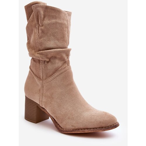 Kesi Beige shaved women's insulated boots with a gathered upper with a high heel Slike