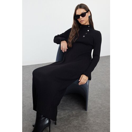 Trendyol Black Accessory Buttoned Rib Knit Dress Cene