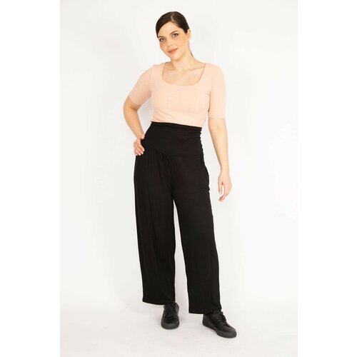 Şans Women's Black Plus Size Wide Bodice Belt Viscose Trousers Slike