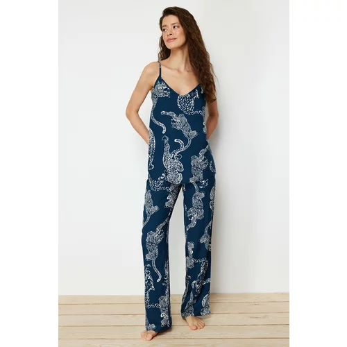 Trendyol Blue Leopard Pattern Viscose Woven Pajamas Set