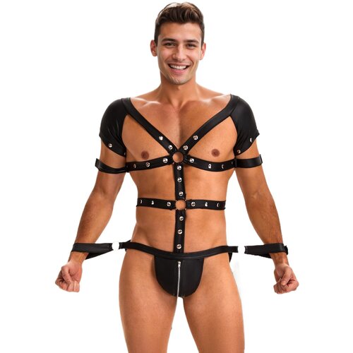 SuperLove Sexy Body Harness for Men with Zipped Crotch & Handcuffs 270 Black L Cene