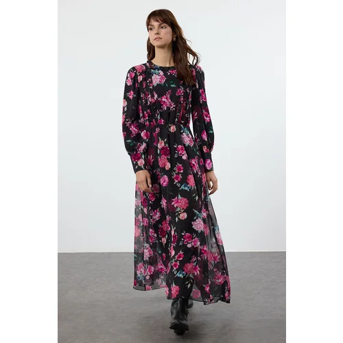 Trendyol Black Floral Patterned Ruffled Woven Dress