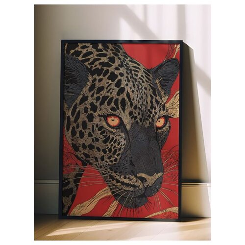 Wallxpert uramljena slika 115270, leopard narandžastih očiju na crvenoj pozadini, 30 x 40 cm, crni ram Cene