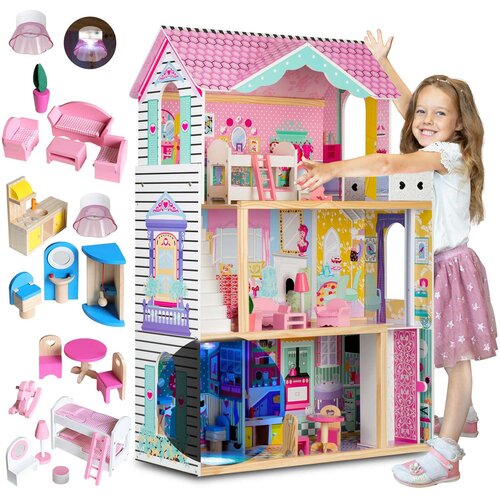 Ricokids Large 3-Story Wooden Dollhouse with Elevator and LED Lights for Kids, (21740776) Cene