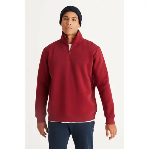 AC&Co / Altınyıldız Classics Men's Claret Red Standard Fit Normal Cut, Inner Fleece, Bato Collar Cotton Sweatshirt.