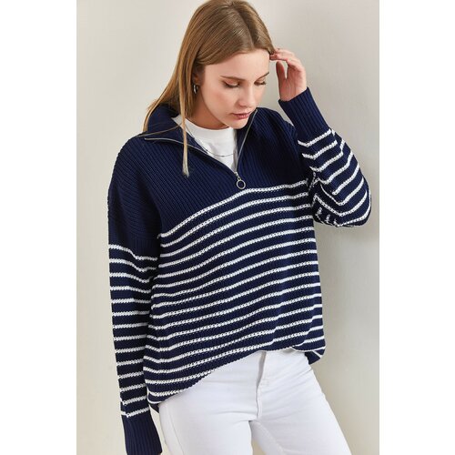 Bianco Lucci Women's Turtleneck Zippered Stripe Knitwear Sweater Slike
