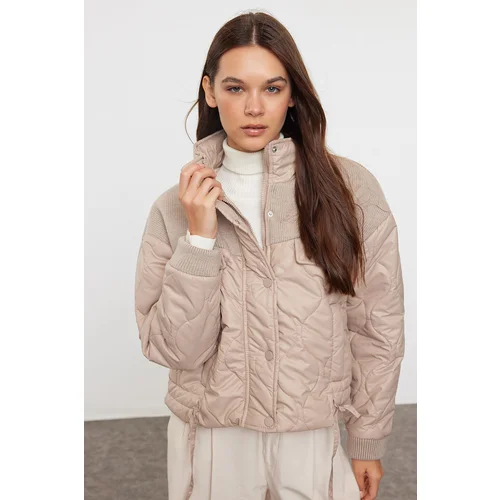 Trendyol Beige Oversize Knitwear Detailed Quilted Puffer Coat