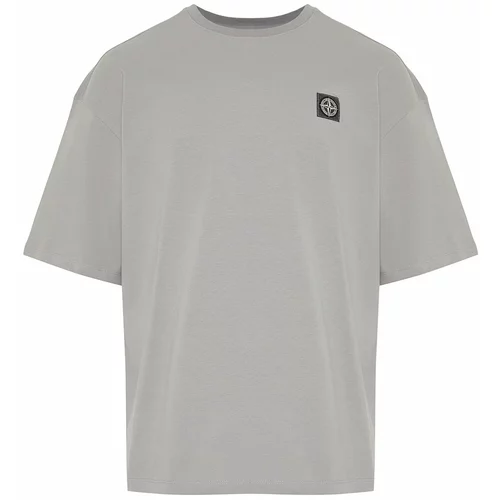 Trendyol Men's Gray Oversize Compass Label 100% Cotton T-Shirt