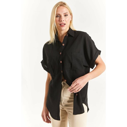 armonika Women's Black Linen Shirt with Double Pocket Detail with a yoke at the back Cene