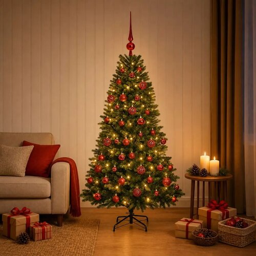  Umjetno božićno drvce s kuglicama 150 cm 150 LED lampica - 150 cm s LED-ima i crvenim lopticama Slike
