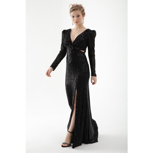 Lafaba Women's Black V-Neck Waist Decollete Sequined Long Evening Dress Slike