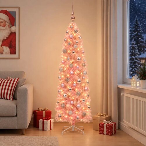  Umjetno usko božićno drvce s kuglicom 180 cm 300 LED lampica - 180 cm s LED-ima i ružičastim lopticama Cijene
