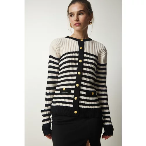 Happiness İstanbul Women's Cream Black Metal Button Detailed Striped Knitwear Cardigan