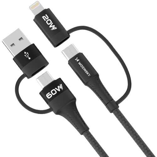 Wozinsky 4v1 univerzalni kabel 2x USB-C 1x USB-A 1x Lightning 60W 1m črn, (21831663) Cene