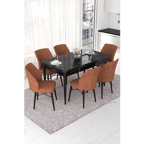Hanah home Nef - Black Marble, Tile Red Black MarbleTile Red Extendable Dining Table & Chairs Set (7 Pieces) Cene