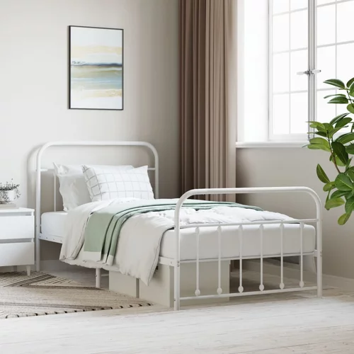 vidaXL Kovinski posteljni okvir z vzglavjem in vznožjem bel 107x203 cm