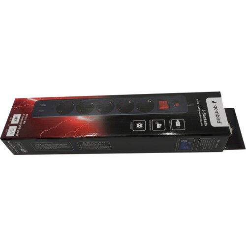 Gembird SPG5-B-10(3G1.5)**produzni kabl sa zastitom i 5 uticnica, 5V/3.1A USB-A+C 16A/3500W 3m Black Slike