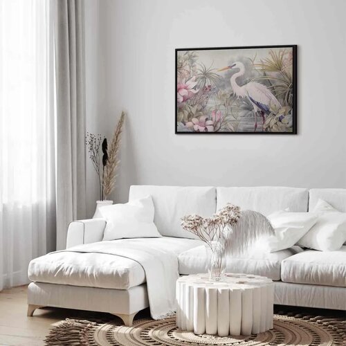  Slika - Heron wading in a pond - illustration in bright colours 60x40 U crnom drvenom okviru Slike