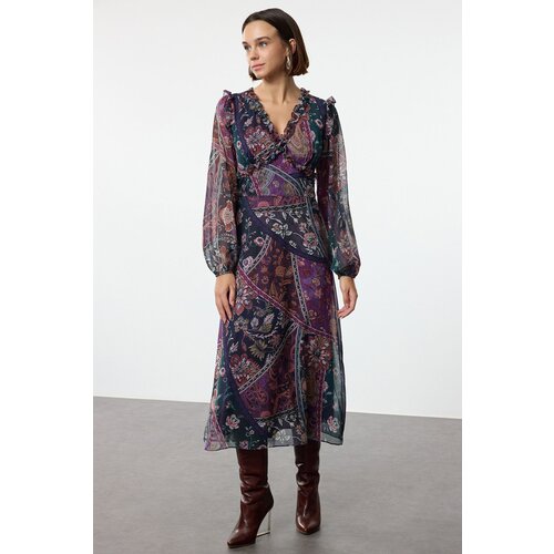 Trendyol Purple Shawl Pattern Waist Opening Ruffle Maxi Lined Woven Dress Slike