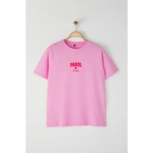 Trendyol Curve Pink Crew Neck Printed Detail 100% Cotton Knitted Plus Size T-Shirt