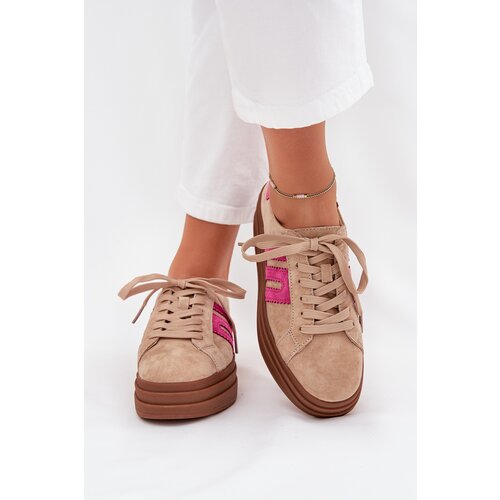 Boto Women's Platform Sneakers Made Of Natural Suede Beige-Pink Eldira Cene
