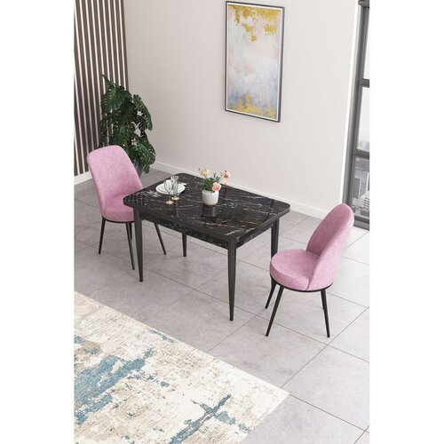 Hanah home trpezarijski set Nil, sto i 2 stolice, ploča u dekoru crnog mermera, roze tkanina Babyface Cene