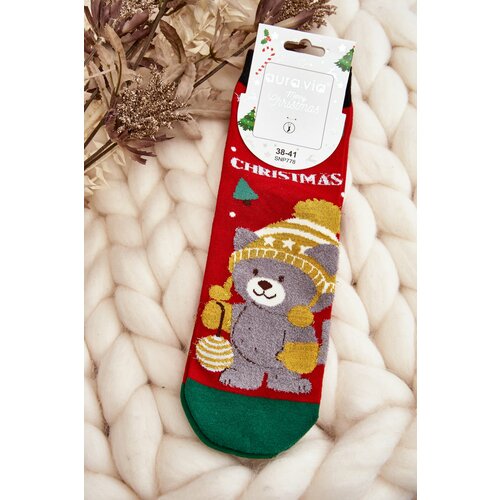 Kesi Women's Christmas socks with teddy bear, red Slike
