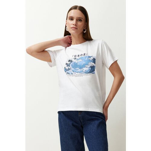 Trendyol White 100% Cotton Ocean Print Regular Cut Knitted T-Shirt Cene