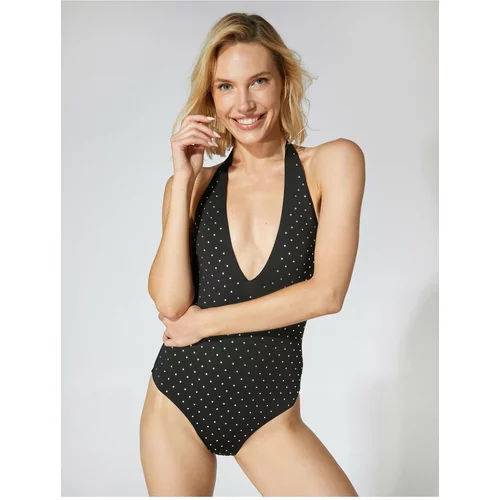 Koton Deep V Neck Swimsuit Barbell Shiny Stone Embroidered