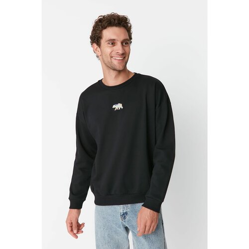 Trendyol Black Men's Oversize Fit Crew Neck Embroidered Sweatshirt Slike