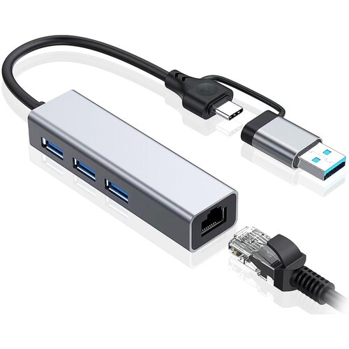 JWD Adapter Type C - USB 3.0 na LAN/ 3x USB 3.0 4 u 1 sivi Slike