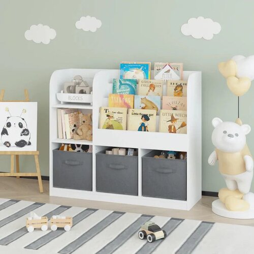Kinder Home Dječji organizator polica s policama za igračke i knjige, 3 tekstilne kutije, drveni, bijeli, 92x30x80 cm, Montessori Cijene