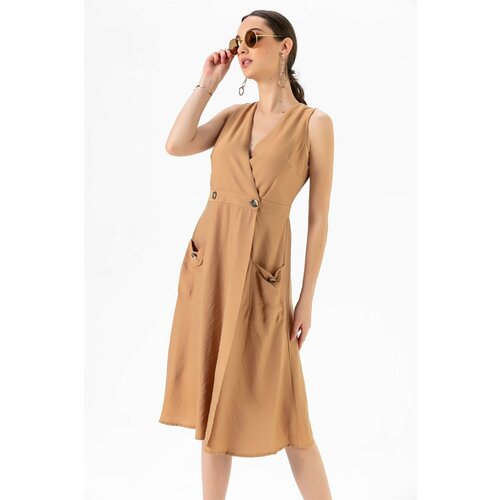 By Saygı Bag Pocket Buttoned Linen Dress Brown Slike