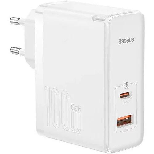 Baseus GaN5 Pro omrežni polnilnik, USB-C + USB, 100 W + kabel (bela)