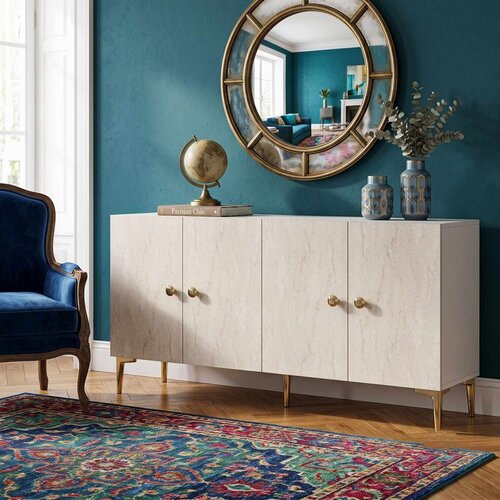 Hanah home komoda Squarel 150, 150 cm, bela / travertin Cene