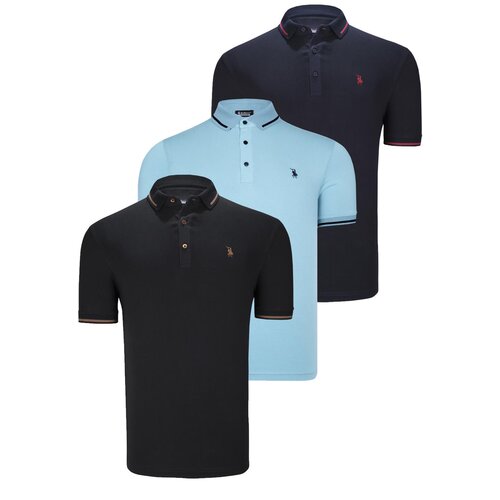 Dewberry TRIPLE SET T8586 MEN'S T-SHIRT-BLACK-NAVY-CYAN Cene
