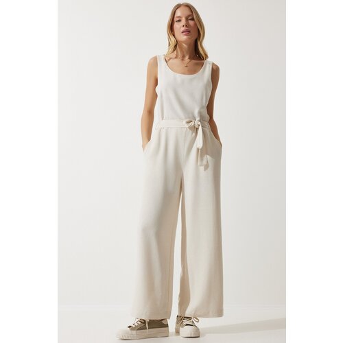  Women's Cream Belted Linen Jumpsuit Cene