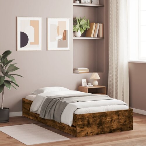 VidaXL Posteljni okvir s predali dimljen hrast 100x200 cm inž. les Slike