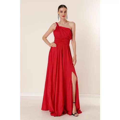 By Saygı Knitting Single Strap Waist Pleated Lined Long Dress with a Slit Red