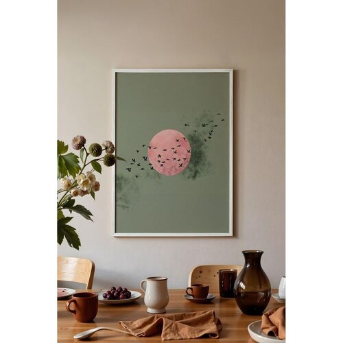 Wallxpert uramljena slika 115234, ružičasto sunce i jato ptica na maslinastozelenoj pozadini, 50 x 70 cm, beli ram Cene