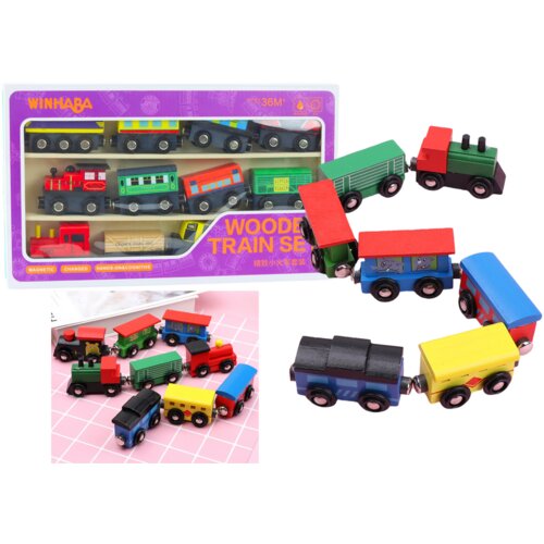 Lean Toys set lesenih vlakcev in lokomotiv z magnetom, 12 kos Slike