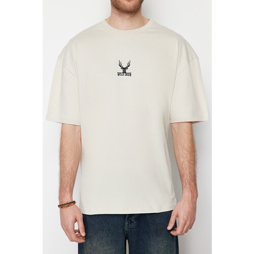 Trendyol Stone Men's Oversize Deer Embroidered 100% Cotton T-Shirt Cene