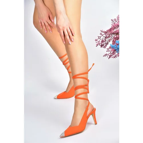 Fox Shoes Orange Satin Fabric Pointed Toe Stone Detailed Heeled Shoes