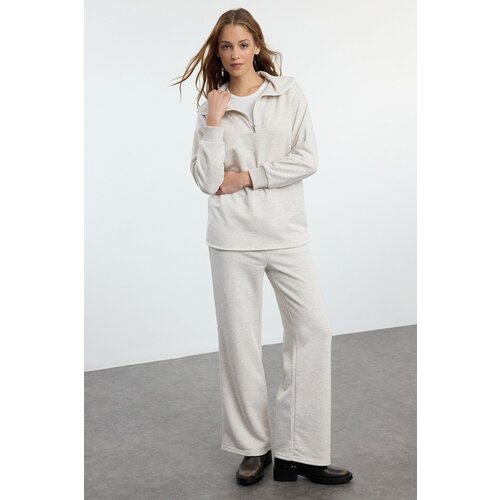 Trendyol Beige Melange Zippered Oversize Knitted Tracksuit Set Cene