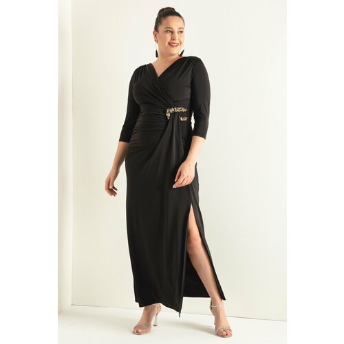 Lafaba Women's Black Double Breasted Collar Poor Sleeve Plus Size Long Evening Dress Slike