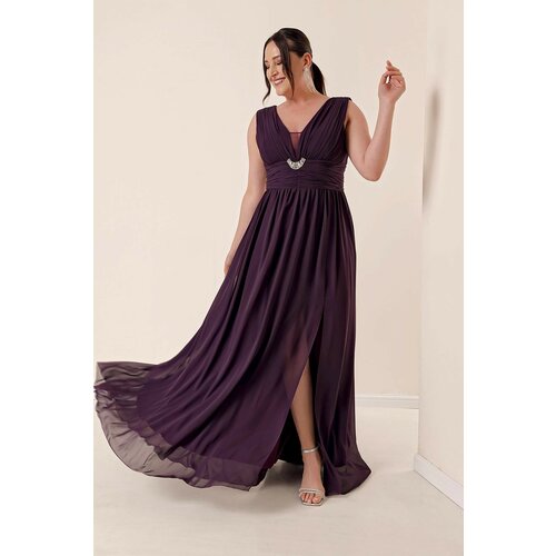 By Saygı Front Back V-Neck Stone Detailed Waist Draped Plus Size Chiffon Long Dress with a Front Slit Purple Slike